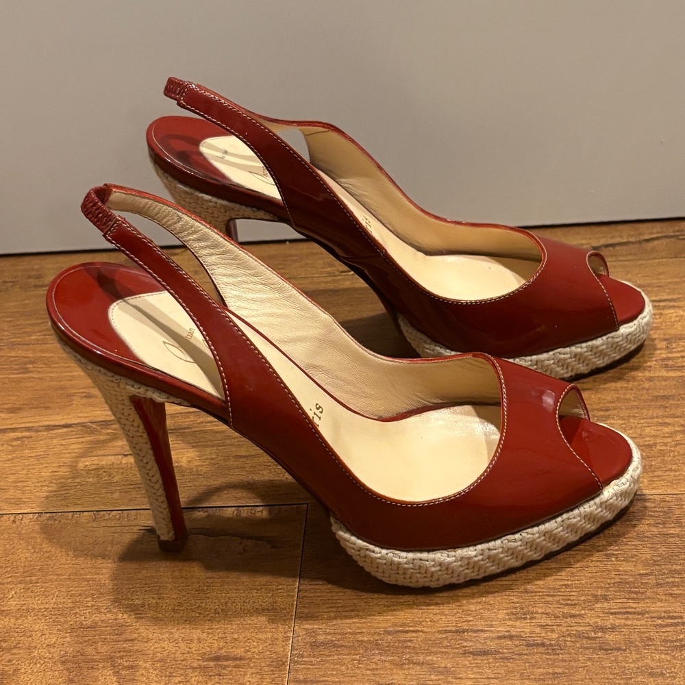 Christian Louboutin Patent Leather Espadrille Slingback Heels - Size 8